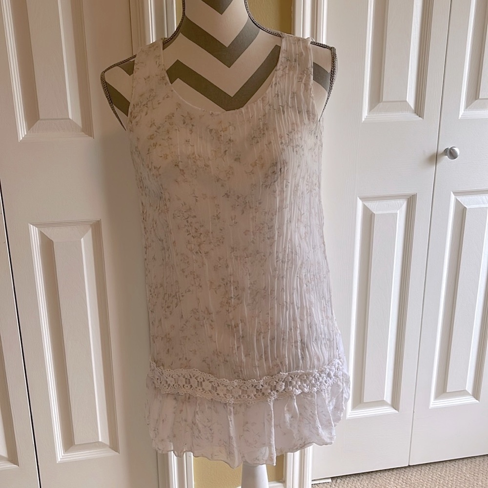 Carla Conti 100% Silk Women's Top White Lace Detail Floral Made in Italy Sz S